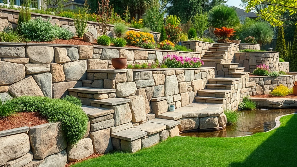 Beautiful stone retaining wall in a landscaped garden by hardscape construction services