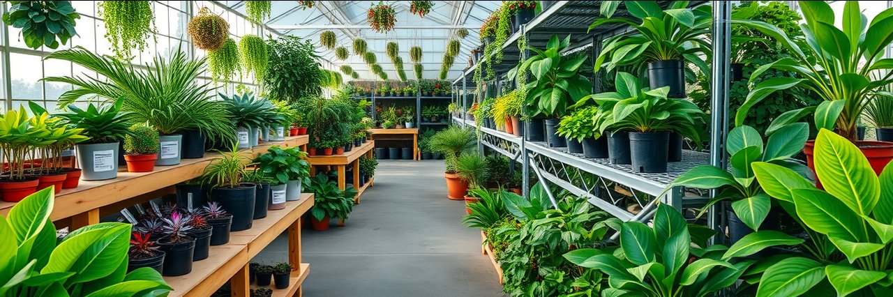 Assorted lush indoor houseplants in pots at a vibrant garden center.
