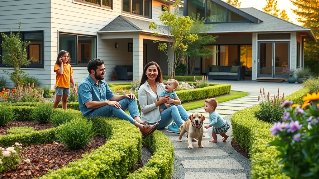 Family enjoys outdoor living after Vancouver landscaping services in vibrant garden