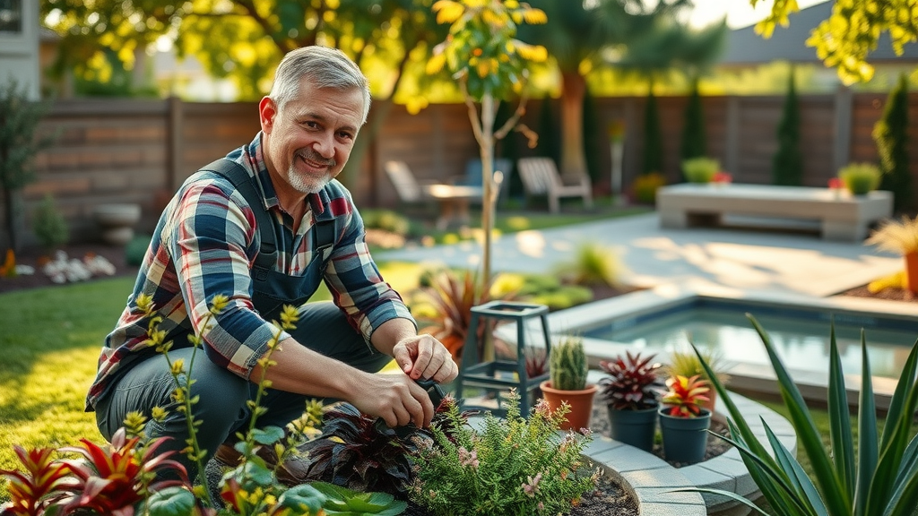 Professional landscaper arranging plants as part of custom landscaping services