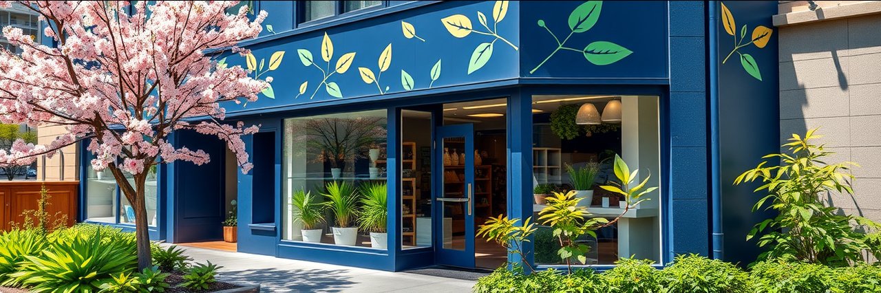Modern garden shop exterior promoting low-waste gardening products, vibrant spring setting.