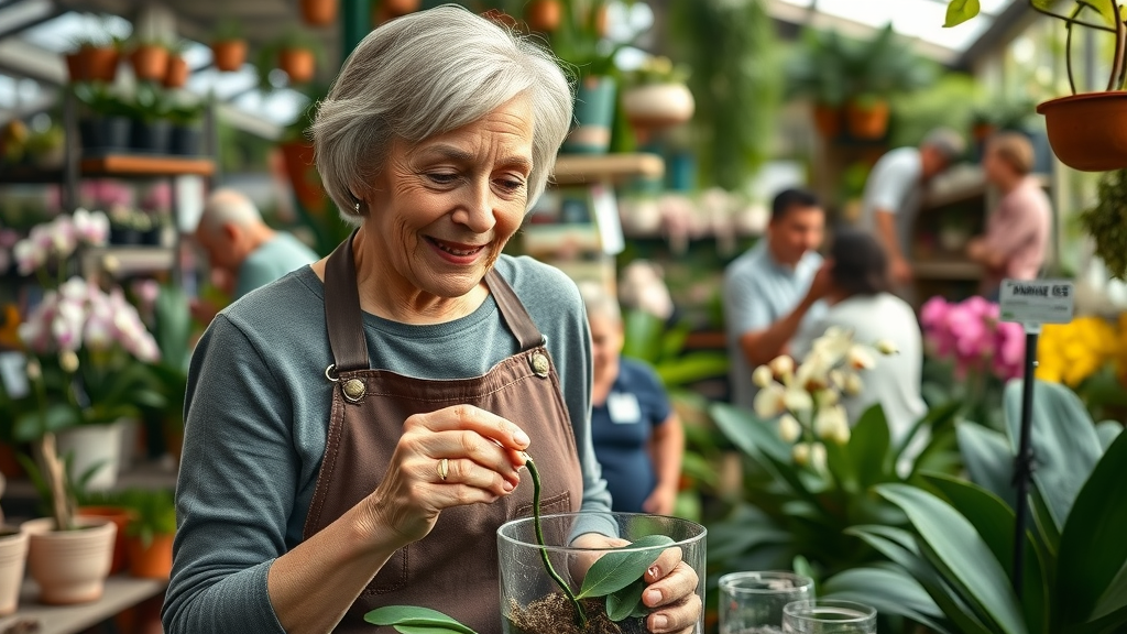 Expert shares orchid care tips in vibrant shop, reviewing healthy orchid roots