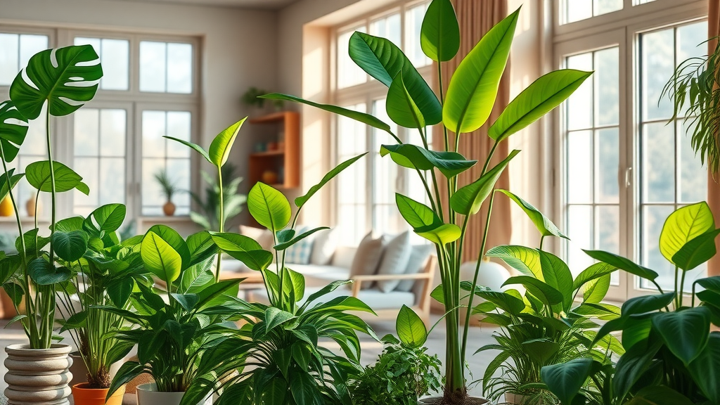Lush indoor houseplants thriving in sunlit living room for optimal houseplants care