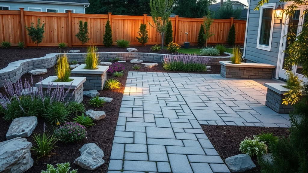 Stone path and patio highlight custom hardscaping solutions in lush garden