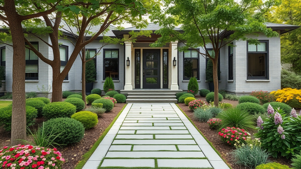Stunning front yard designed by custom landscaping services with vibrant flowers