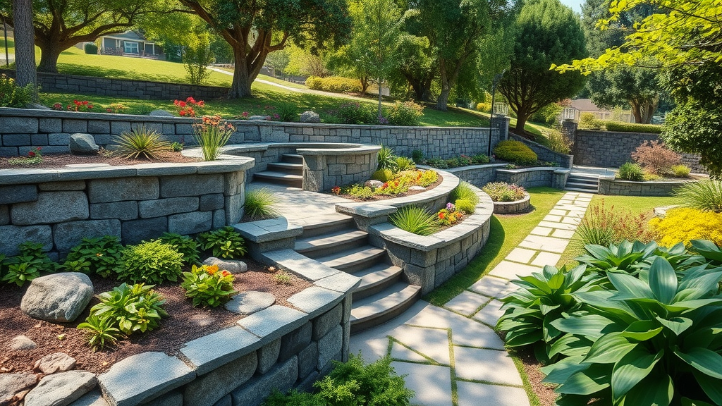 Basalt stone retaining wall supporting flower-filled garden walkway in daylight