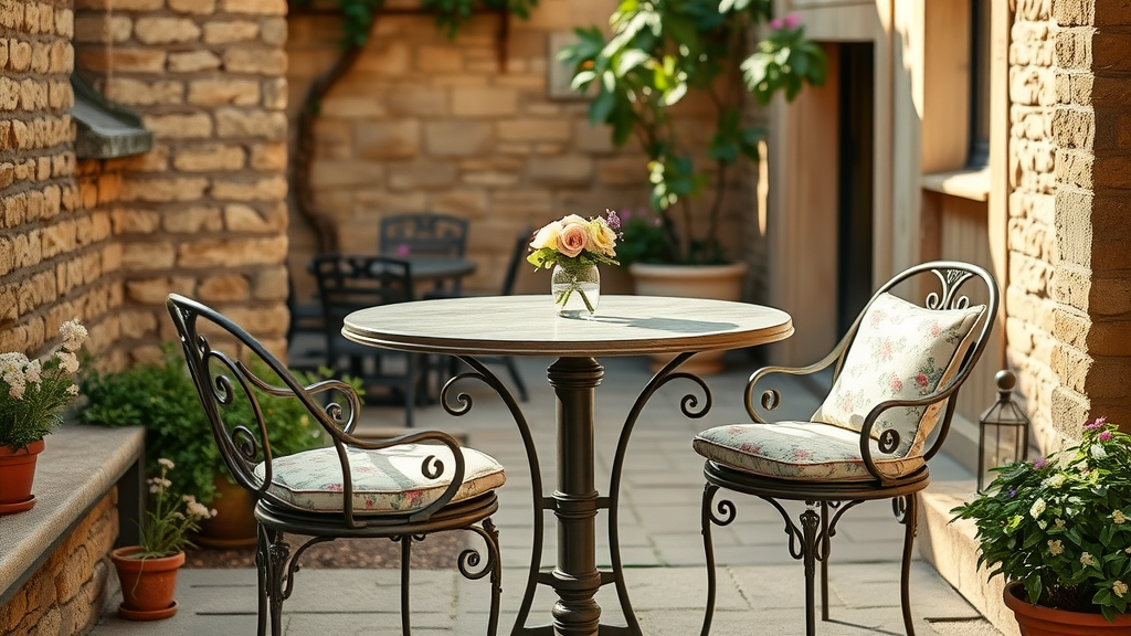 Elegant French antique garden furniture in a sunlit Parisian courtyard.