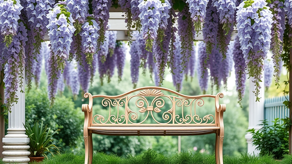 Hand-forged French antique garden bench beneath blooming wisteria vines.