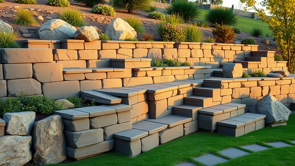 Multi-tiered basalt retaining wall with steps in beautifully landscaped garden