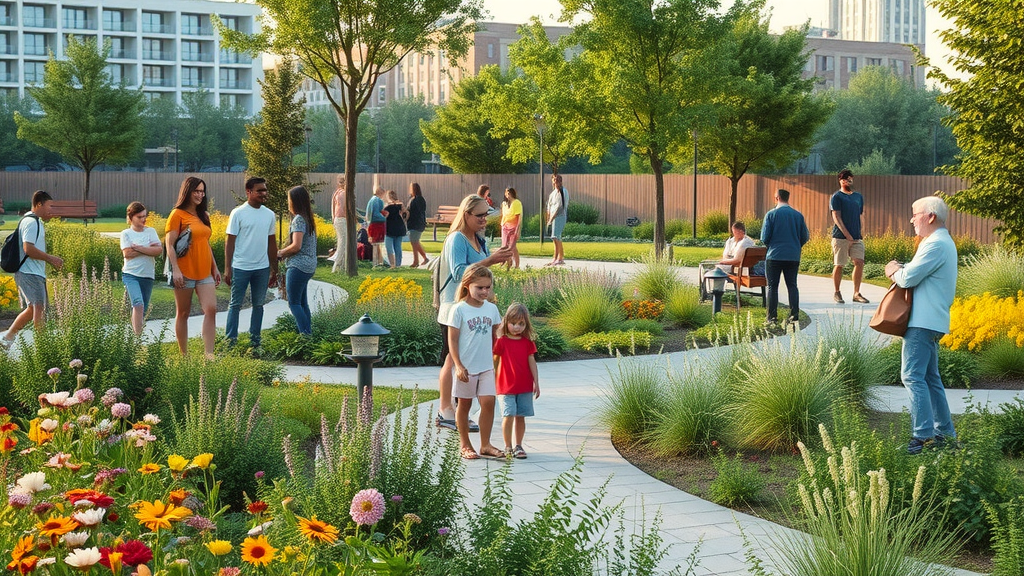 Urban park showcases sustainable landscaping solutions benefiting the community.