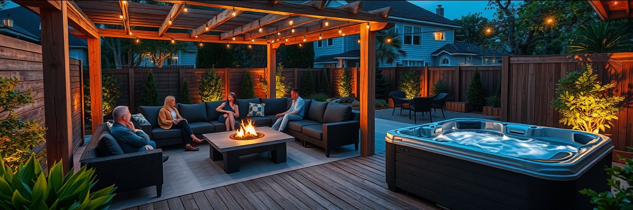 Modern patio with custom landscaping services, fire pit, pergola, and hot tub.