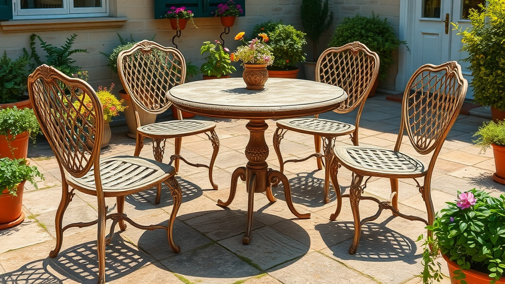 Classic French antique garden furniture on a vibrant sunlit stone patio.