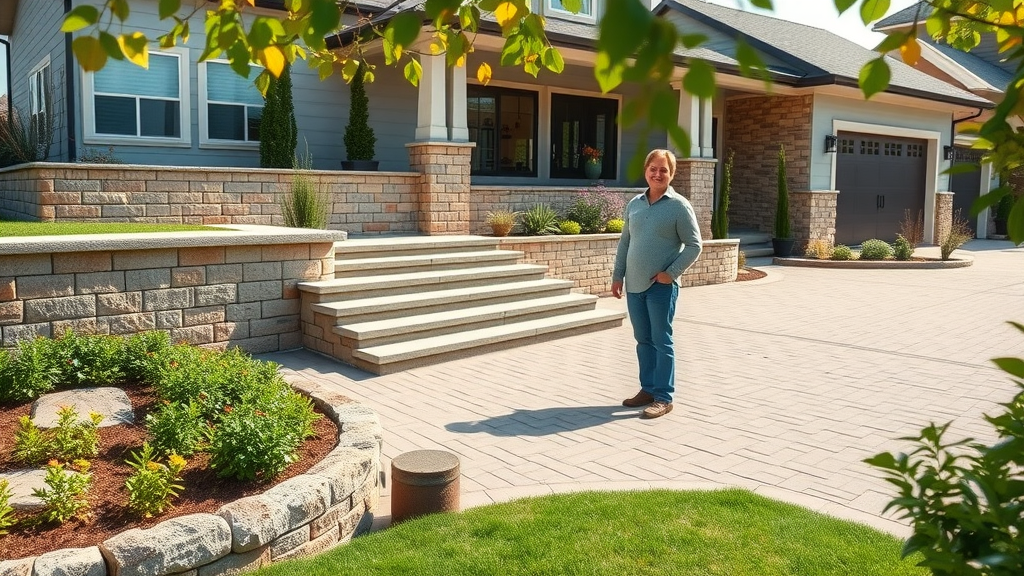 Front yard transformed by custom hardscaping solutions with stonework and walkway