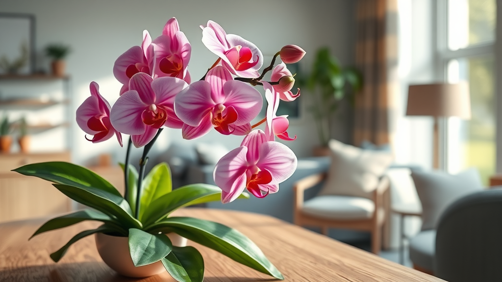 Beautiful orchid on table, showing ideal orchid care tips for blooming success