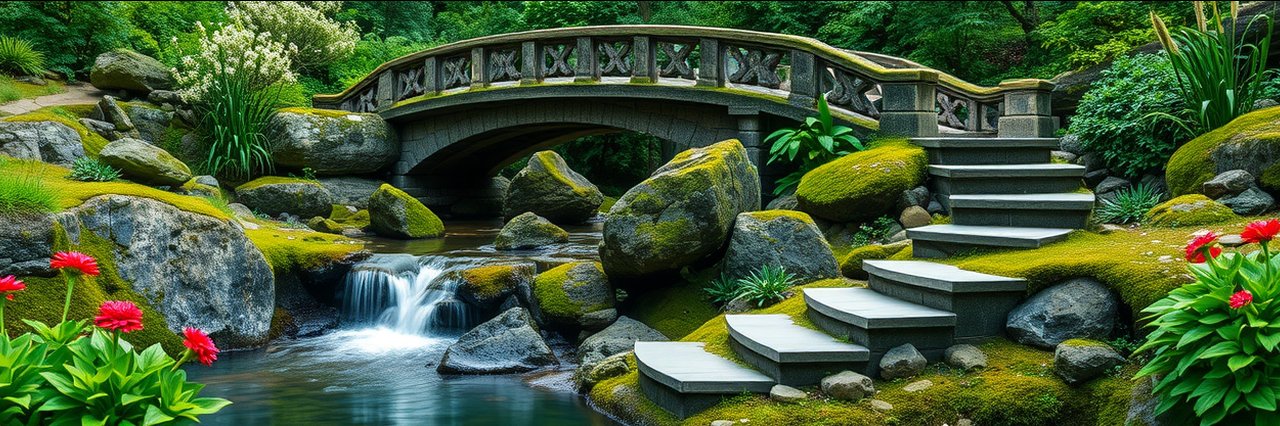 Lush vancouver landscape design with stone bridge and cascading waterfall