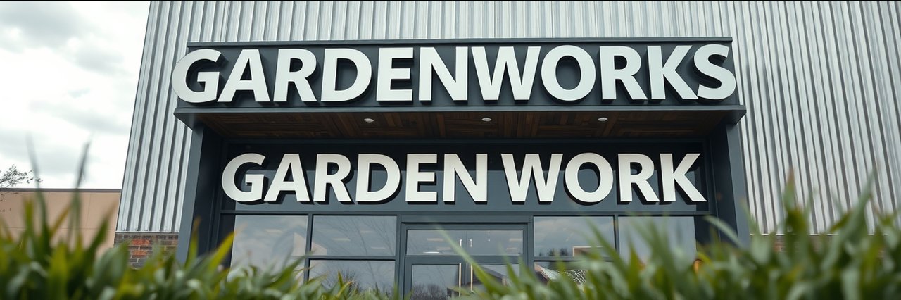 Modern Gardenworks building facade with bold signage and natural lighting.