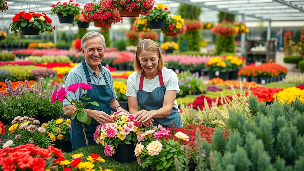 Colorful north vancouver nursery flower display with friendly staff arranging baskets