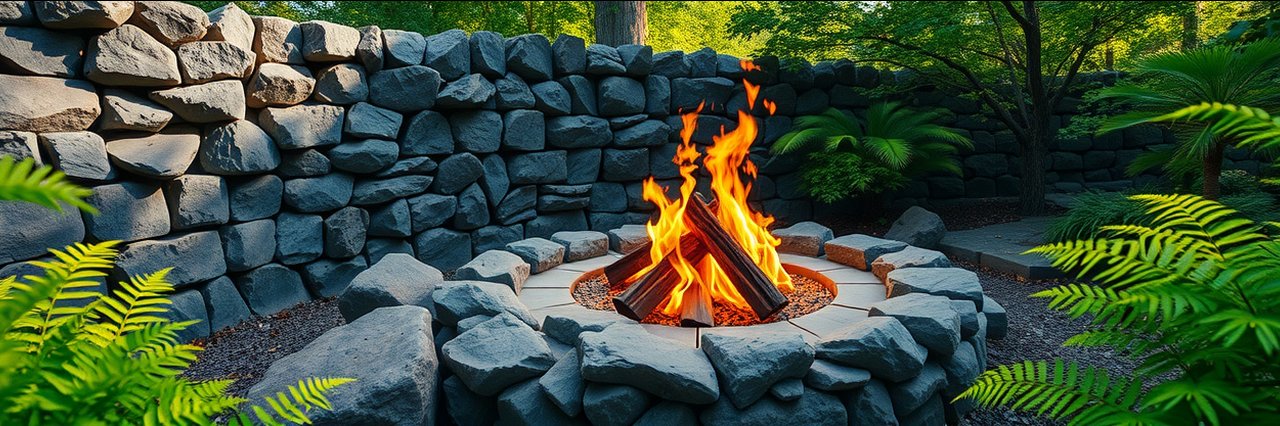 Basalt stone retaining wall with fire pit and lush greenery outdoors