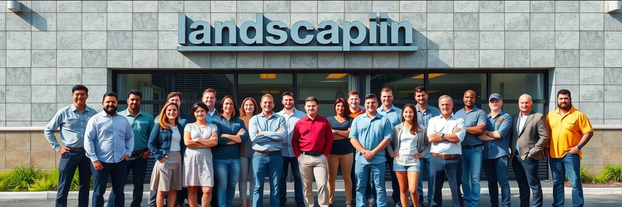 Landscape design construction team smiling outside business building