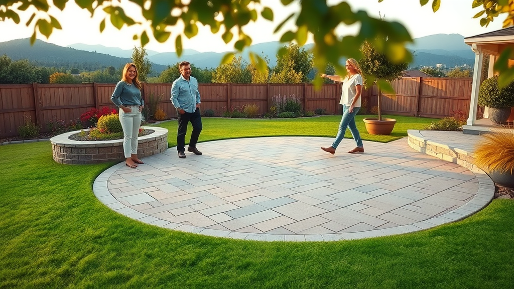 Freshly completed backyard hardscape patio, homeowners enjoying expert construction