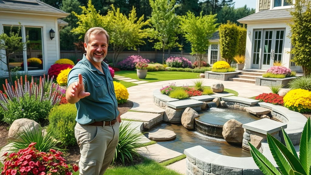 Modern backyard transformed by custom landscaping services with lush gardens and paths