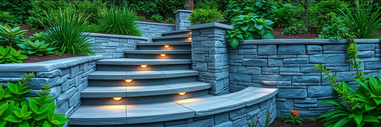 Custom hardscaping solutions with modern stone steps and retaining wall in lush garden