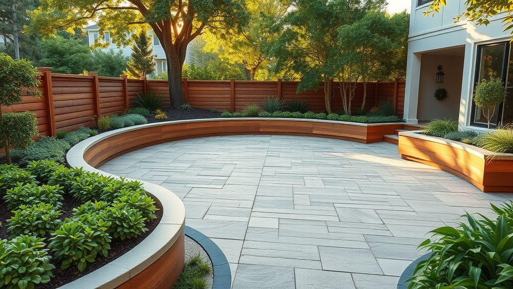 Custom hardscaping solutions featuring a modern patio, walls and walkway