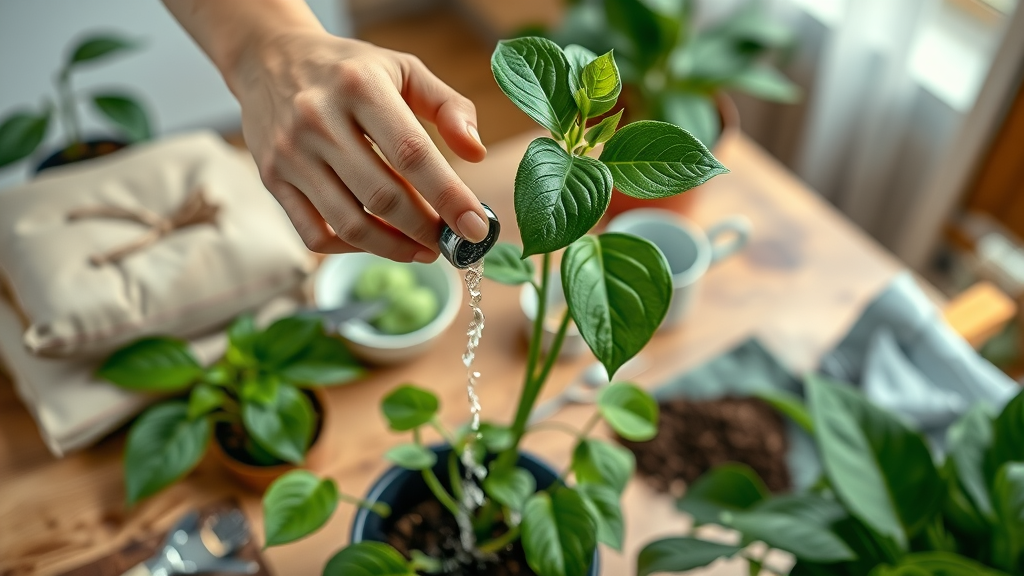 Watering indoor houseplants carefully for healthy houseplants care at home