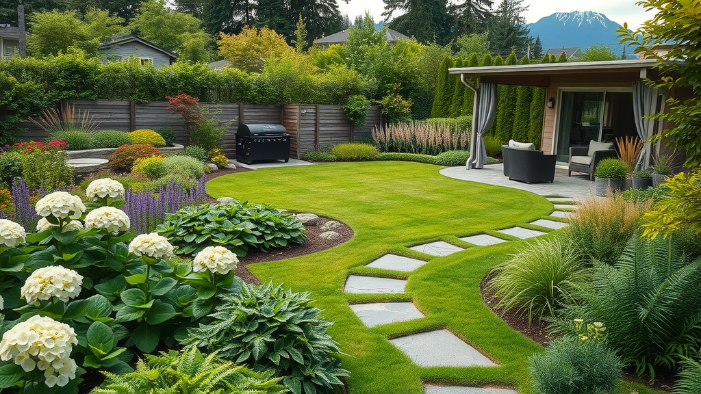 Stunning Vancouver landscaping services design with vibrant garden and lush lawn