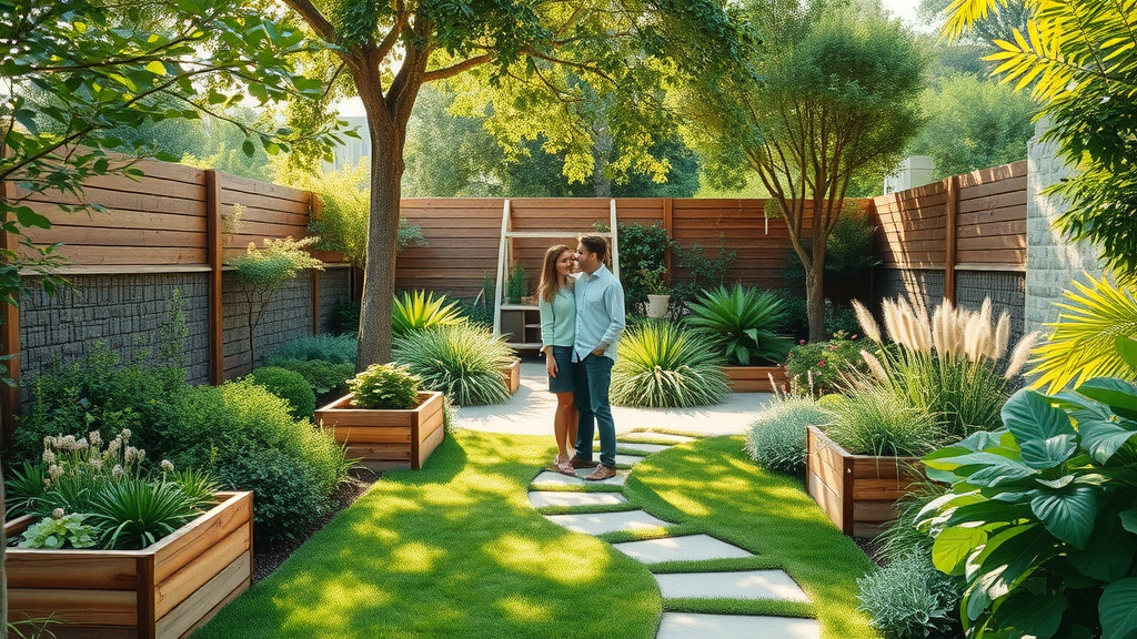 Sustainable landscaping solutions in a lush modern backyard garden with native plants.
