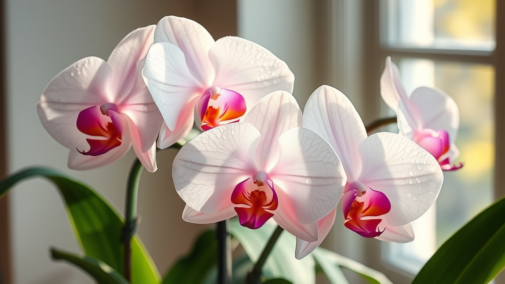Healthy orchids basking on a bright windowsill, orchid care tips for thriving blooms
