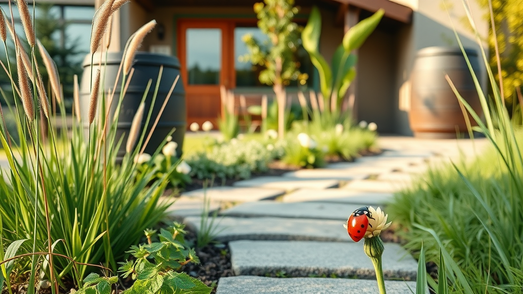 Eco-friendly front yard using sustainable landscaping solutions and native plants.