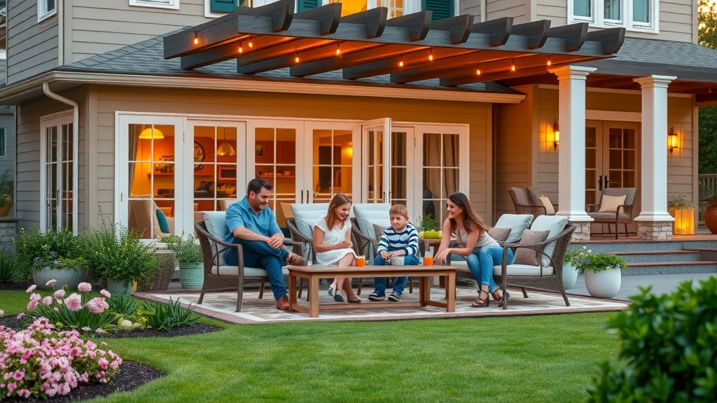 Family relaxing in custom landscaped outdoor living space with tailored gardens