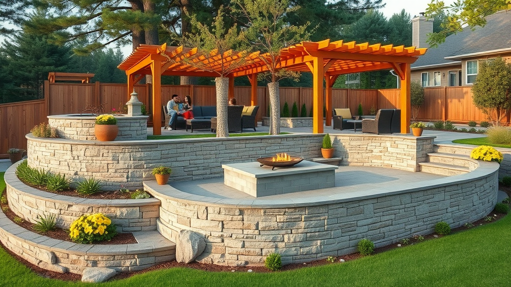 Backyard showcasing custom hardscaping solutions with retaining walls and pergola