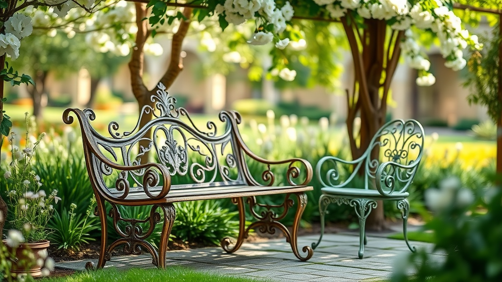 French antique garden furniture featured in a timeless lush garden setting.