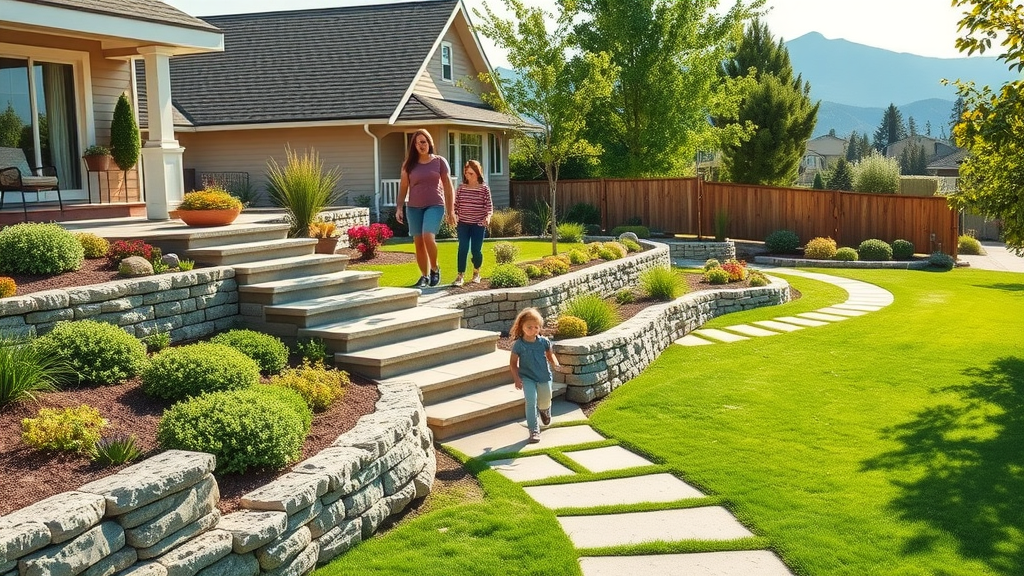 Landscape design construction transforms suburban yard with safe stone pathways