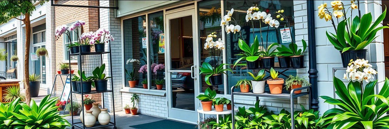 Orchid care tips at urban plant shop with potted orchids on display racks