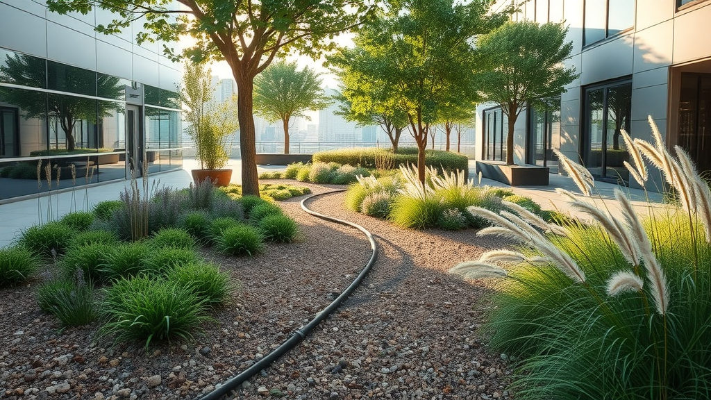 Green, sustainable business landscape showcasing top commercial landscape services