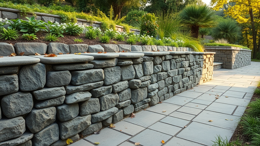 Curved basalt stone retaining wall framing lush garden beds in soft sunlight