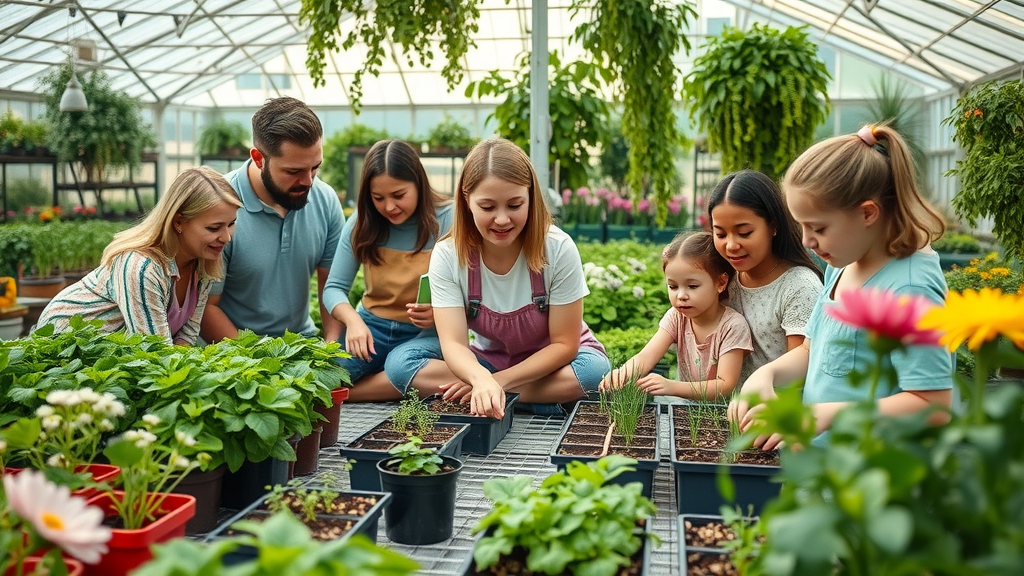 Gardenworks workshops group planting flowers in a lush greenhouse community setting